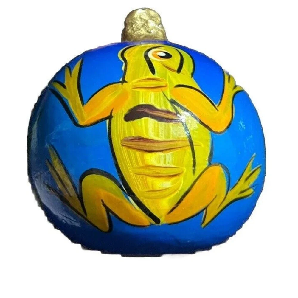 Christmas Ornament Ball Mexican Folk Art Pottery Hand‎ Painted Artisan Frog Lily